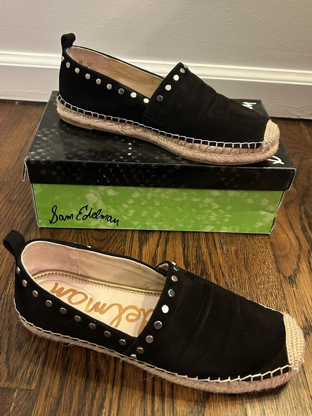 Sam Edelman Koda Black Suede Studded Espadrille Flats